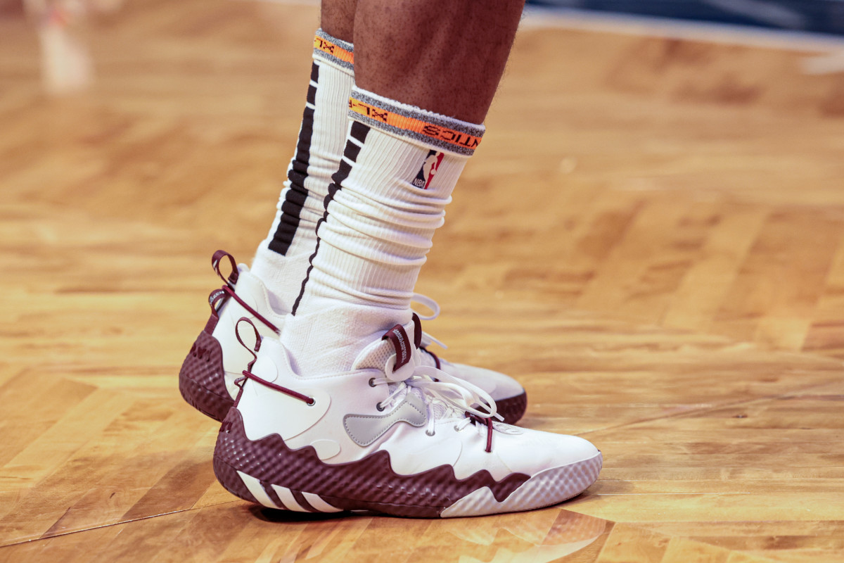 Philadelphia 76ers guard James Harden wearing the Adidas Harden Vol. 6.
